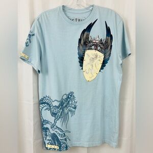 Upscaled Men's Blue Doctrine Graphic T-Shirt with Leather Appliqué & Studding  M